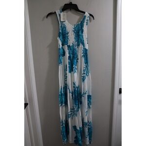 🔴Floral Maxi Dress White Blue Sleeveless Smocked Sundress Beach Cover Up Summer
